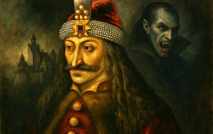 Vlad Tepeş portresi; arka planda karanlık bir vampir figürü ve silik bir Transilvanya şatosu yer alıyor.